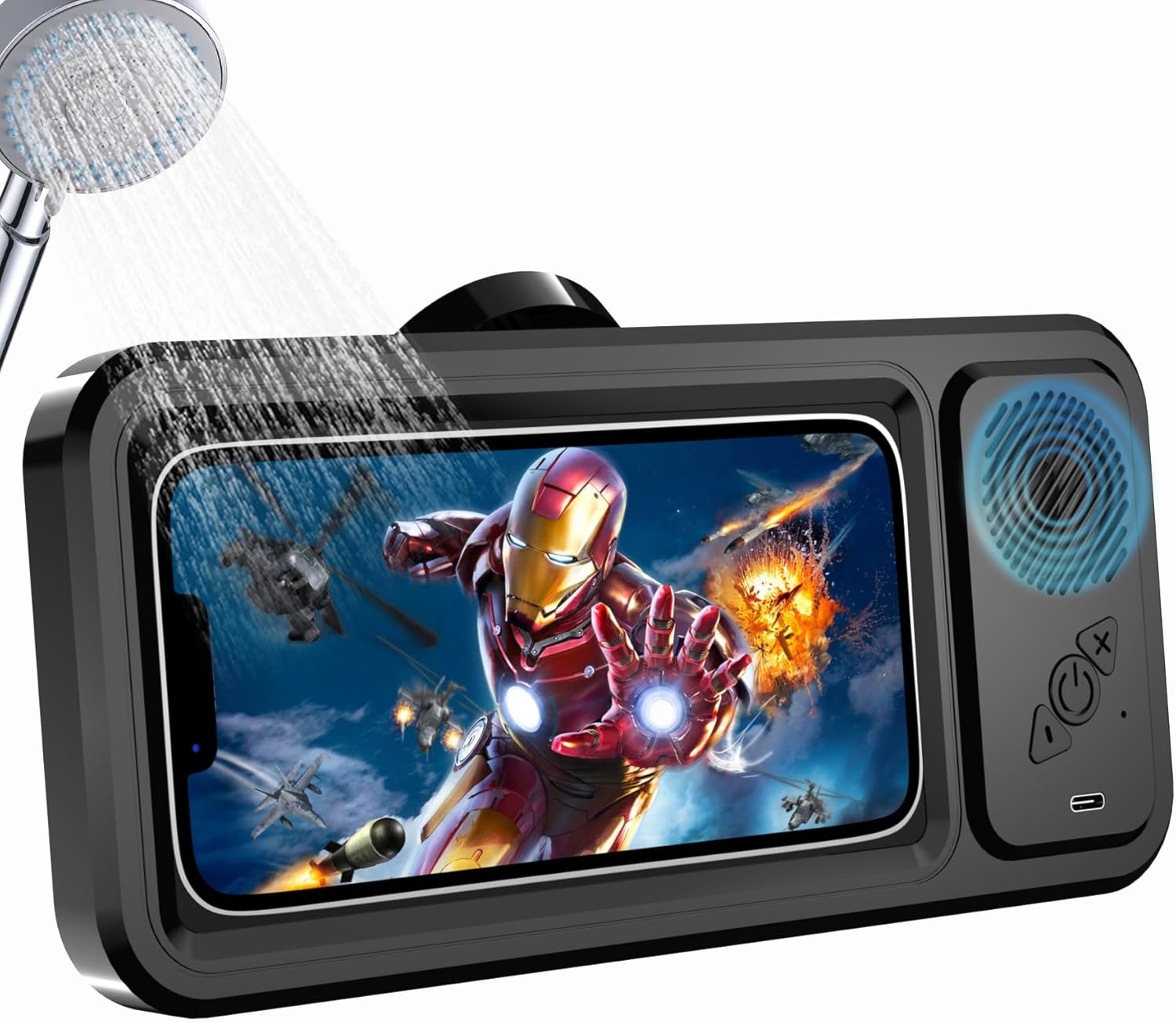 Shower Phone Holder with Wireless Bluetooth Speaker, Waterproof 480 Rotation Viewable Shower Phone Stand Case Mount Speakers for Bathroom Wall Mirro for 4"- 6.8" Cell Phones